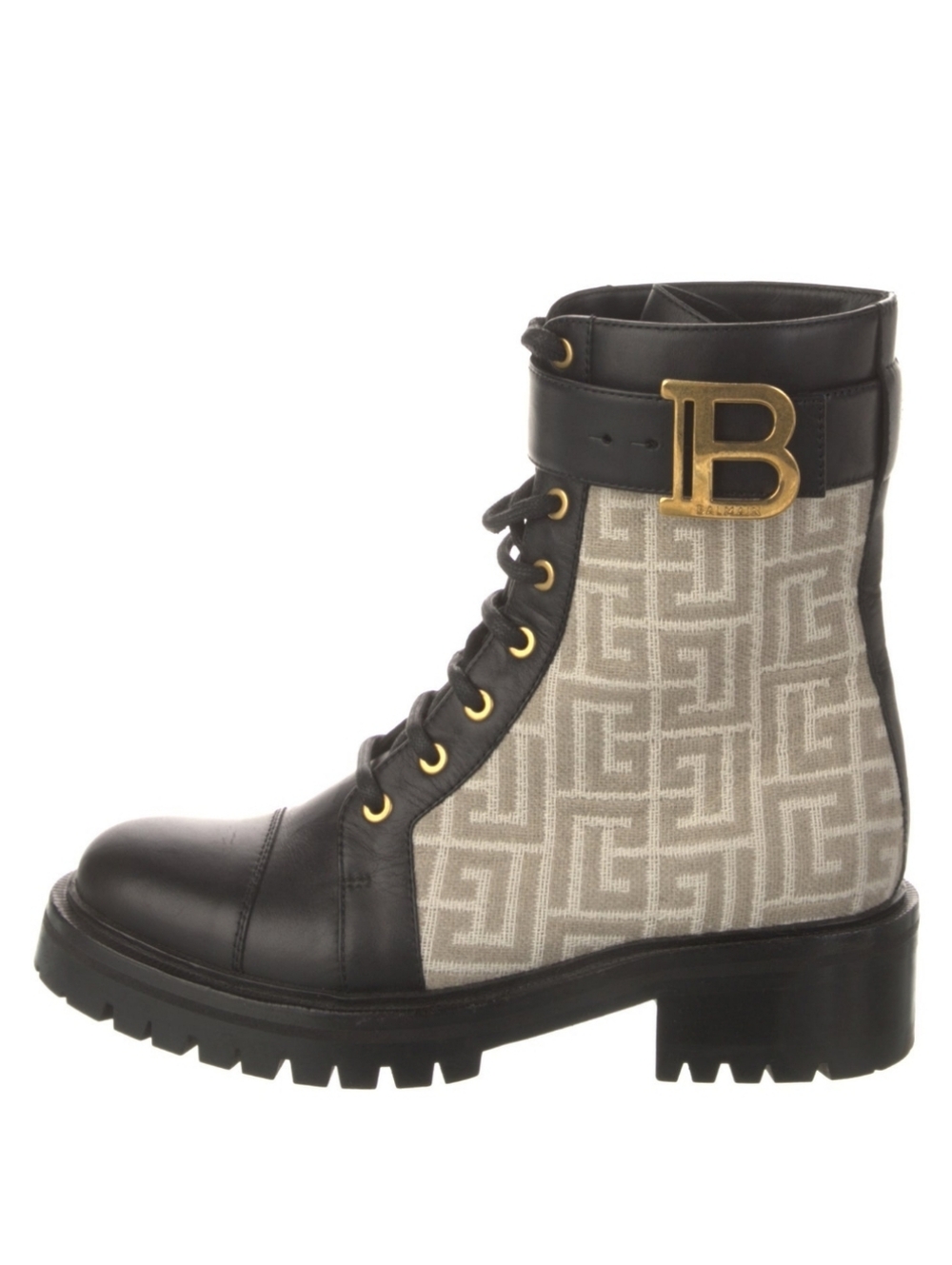 Balmain Black Leather & Beige Monogram Combat Boot with Gold 'B'